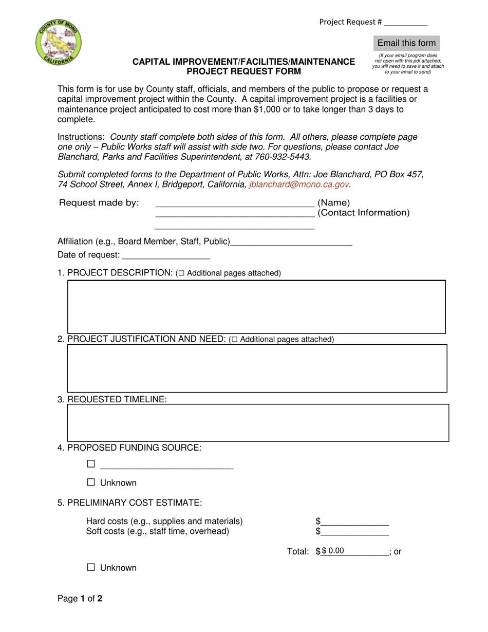 Capital Improvement / Facilities / Maintenance Project Request Form - Mono County, California, Page 1