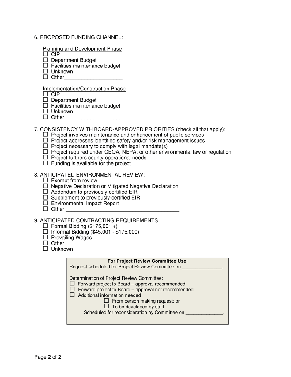 Capital Improvement / Facilities / Maintenance Project Request Form - Mono County, California, Page 2