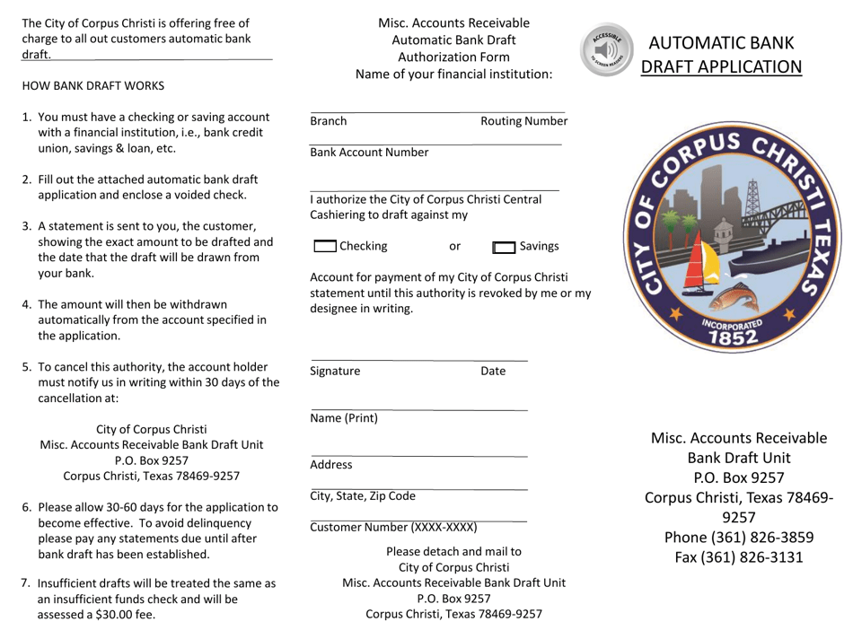 City of Corpus Christi, Texas Automatic Bank Draft Application - Fill ...