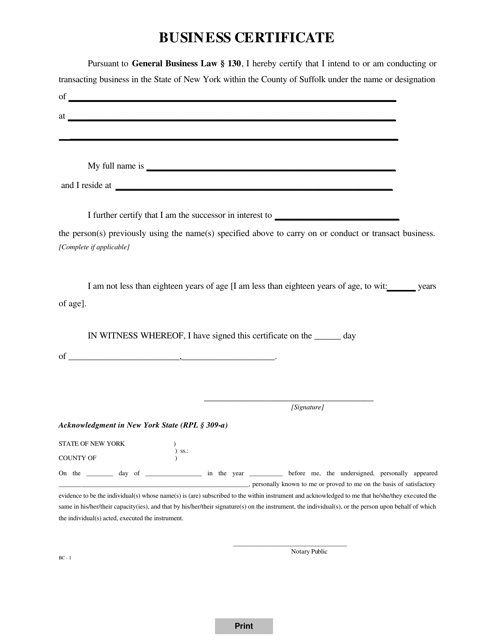 Form BC-1 Business Certificate - Suffolk County, New York