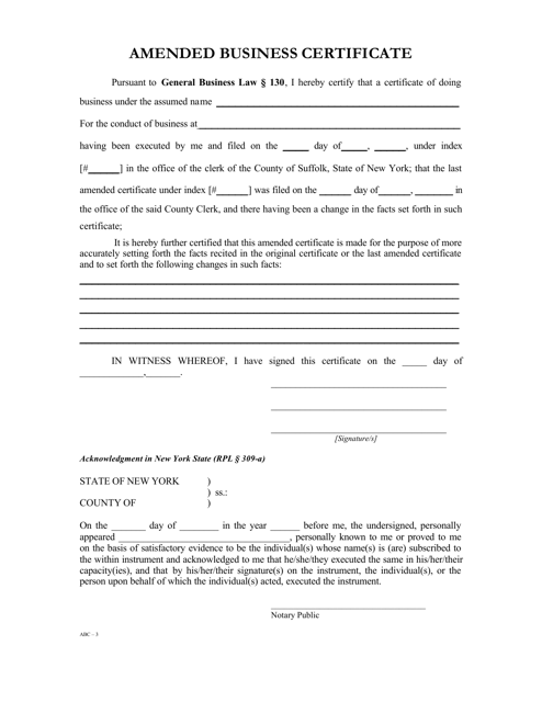 Form ABC-3 Amended Business Certificate - Suffolk County, New York
