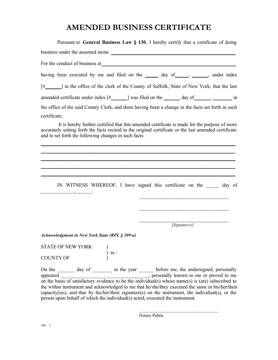 Form ABC-3 Amended Business Certificate - Suffolk County, New York, Page 1