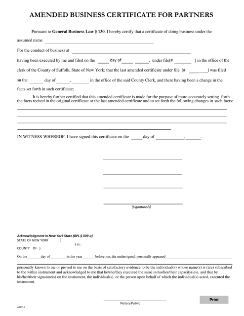 Form ABCP-1 Amended Business Certificate for Partners - Suffolk County, New York
