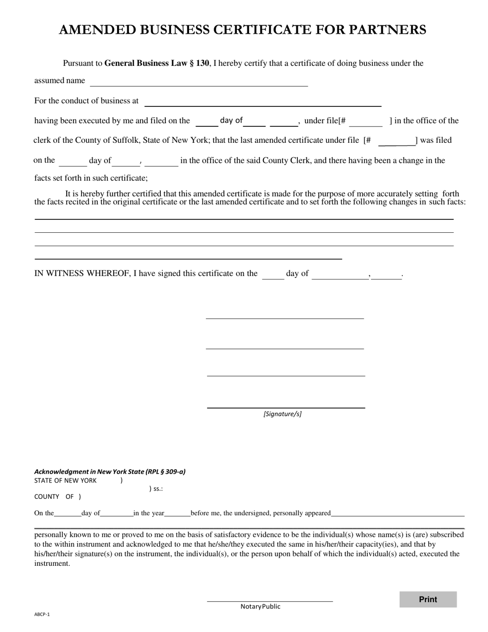 Form ABCP-1 Amended Business Certificate for Partners - Suffolk County, New York, Page 1