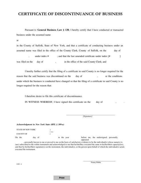 Form COD-4 Certificate of Discontinuance of Business - Suffolk County, New York
