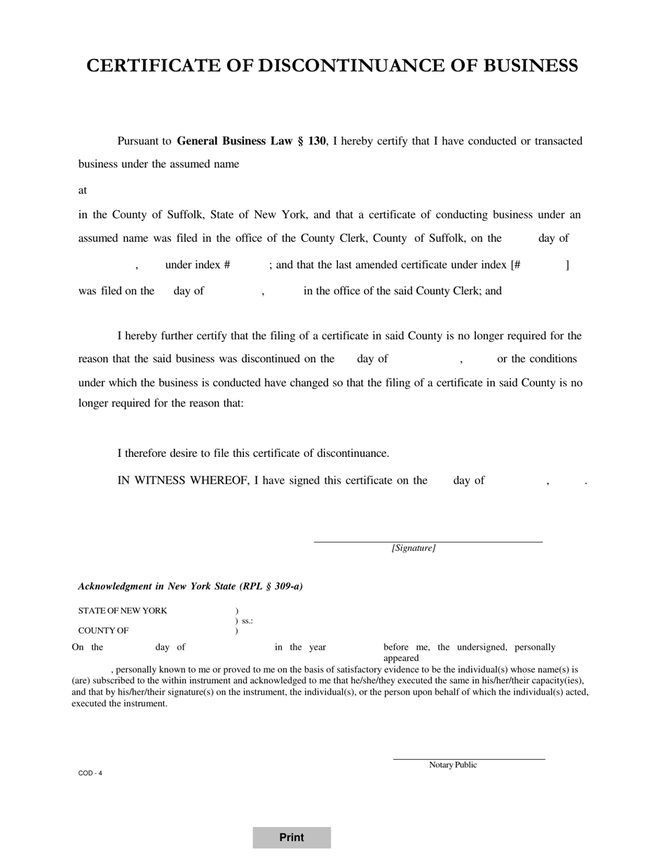 Form COD-4 Certificate of Discontinuance of Business - Suffolk County, New York, Page 1