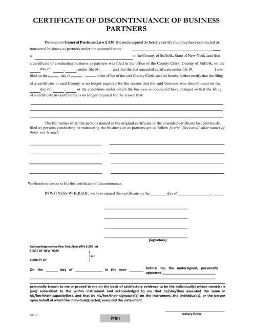 Form COD-5 Certificate of Discontinuance of Business Partners - Suffolk County, New York