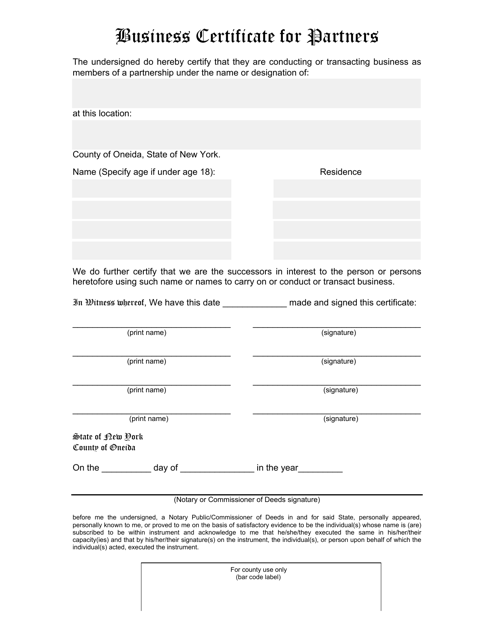 Business Certificate for Partners - County of Oneida, New York Download Pdf