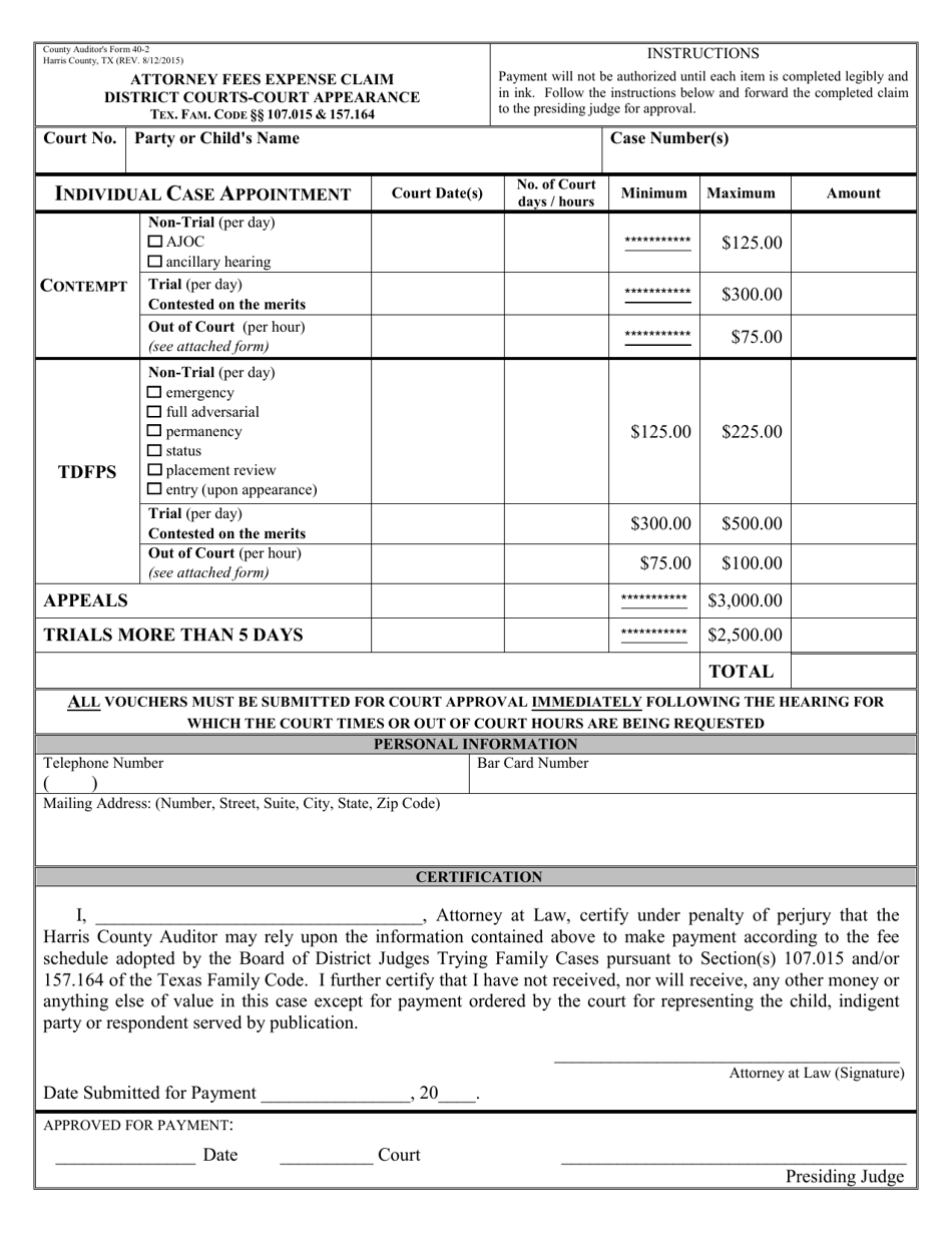 Form 40-2 Attorney Fees Expense Claim - Harris County, Texas, Page 1