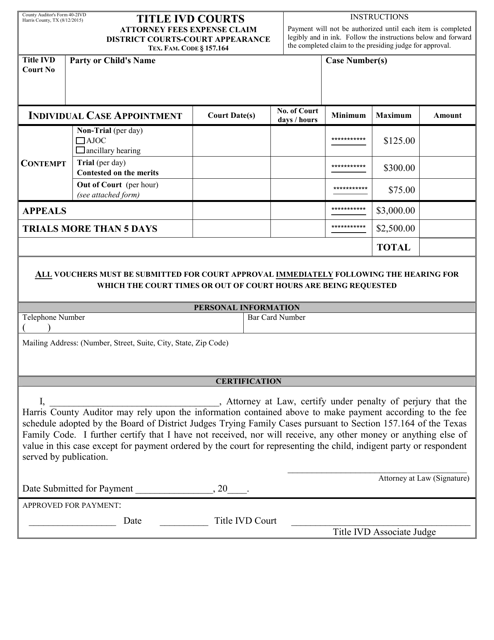 Form 40-2IVD Attorney Fees Expense Claim (IV-D) - Harris County, Texas
