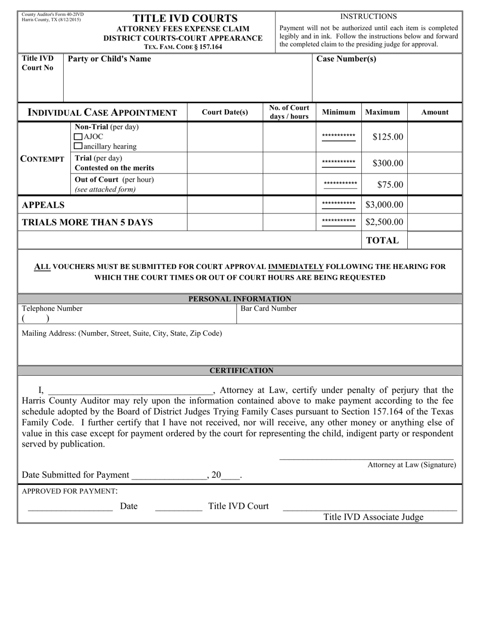 Form 40-2IVD Attorney Fees Expense Claim (IV-D) - Harris County, Texas, Page 1