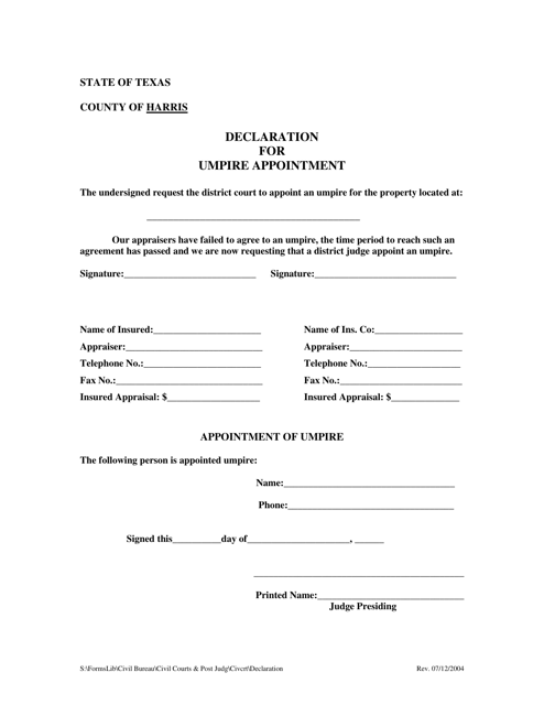 Declaration for Umpire Appointment - Harris County, Texas