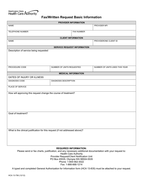 Form HCA13-756 Fax/Written Request Basic Information - Washington