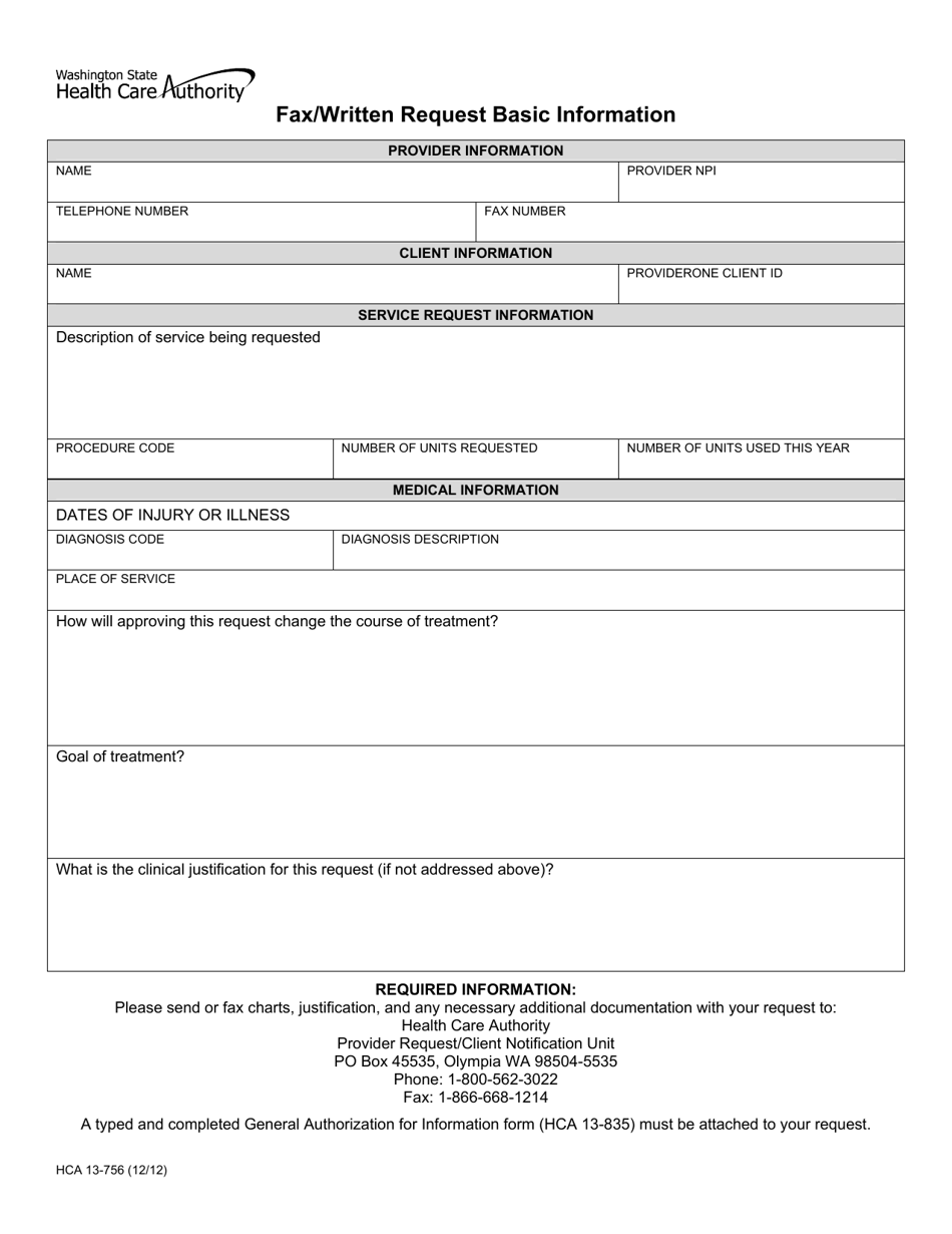 Form HCA13-756 Fax / Written Request Basic Information - Washington, Page 1