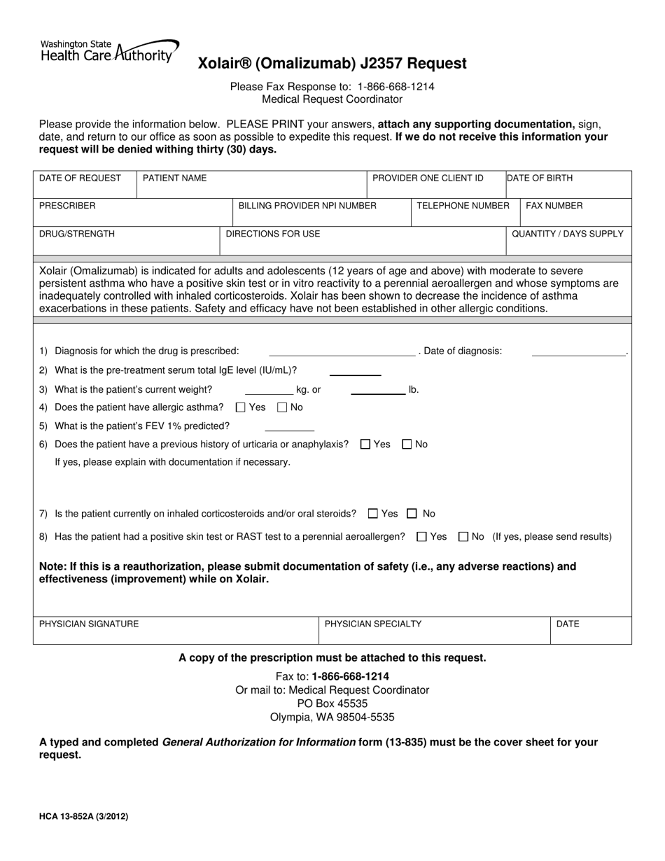 Form HCA13-852A Xolair (Omalizumab) J2357 Request - Washington, Page 1