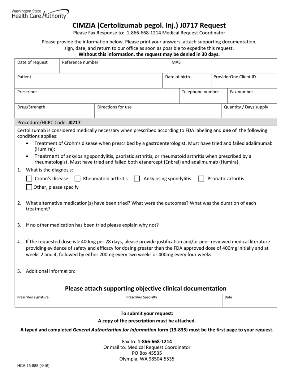 Form HCA13-885 Cimzia (Certolizumab Pegol. Inj.) J0717 Request - Washington, Page 1
