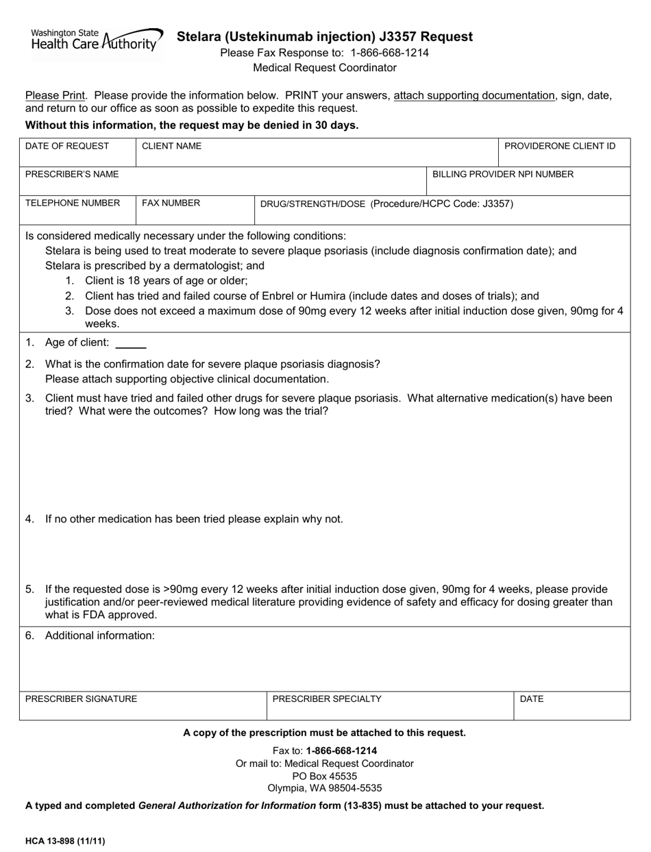 Form HCA13-898 Stelara (Ustekinumab Injection) J3357 Request - Washington, Page 1