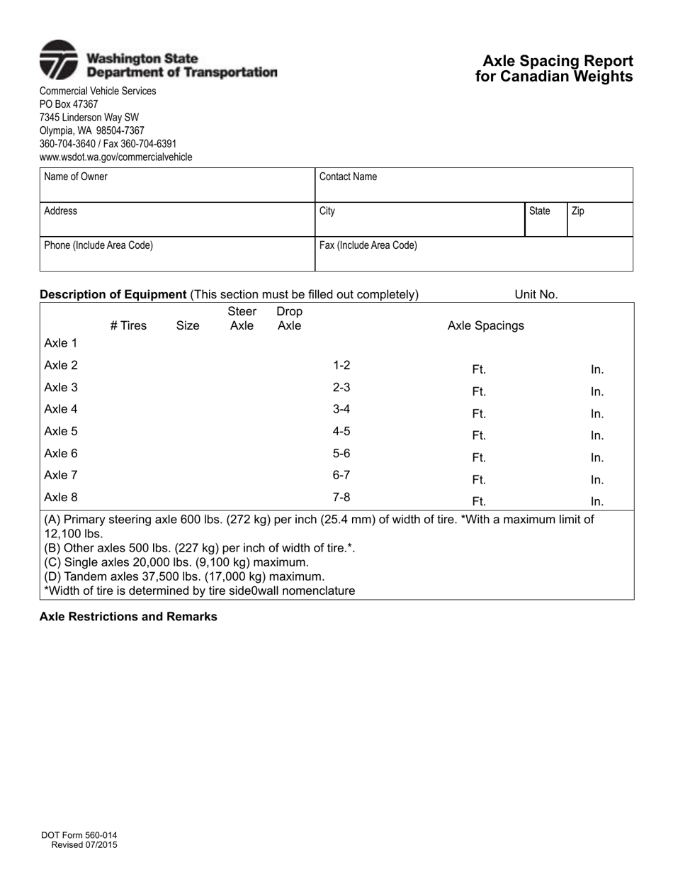 DOT Form 560-014 Axle Spacing Report for Canadian Weights - Washington, Page 1