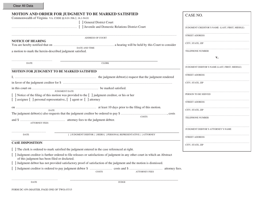 Form DC-459 Motion and Order for Judgment to Be Marked Satisfied - Virginia