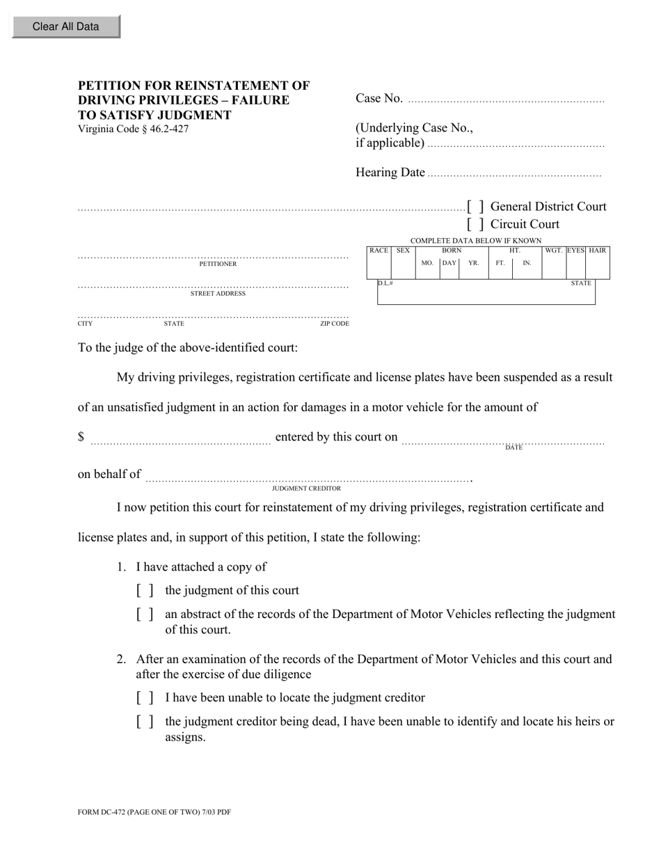 Form DC-472 Petition for Reinstatement of Driving Privileges - Failure to Satisfy Judgment - Virginia, Page 1