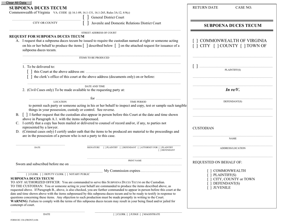 Form DC-336 Subpoena Duces Tecum - Virginia, Page 1