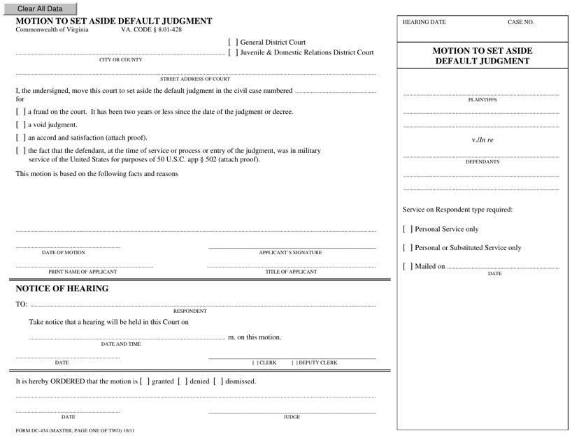Document preview: Form DC-434 Motion to Set Aside Default Judgment - Virginia