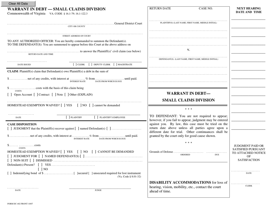 Form DC-402 Warrant in Debt - Small Claims Division - Virginia, Page 1