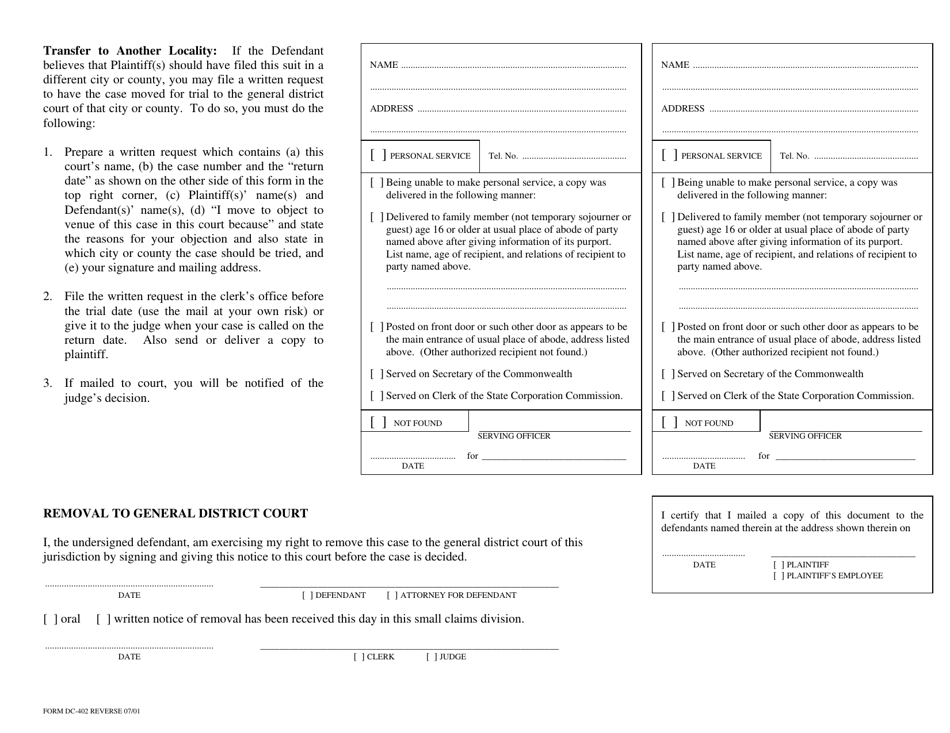 Form DC-402 Warrant in Debt - Small Claims Division - Virginia, Page 2