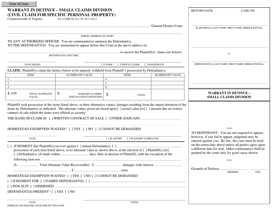 Form DC-404 Warrant in Detinue - Small Claims Division (Civil Claim for Specific Personal Property) - Virginia, Page 1