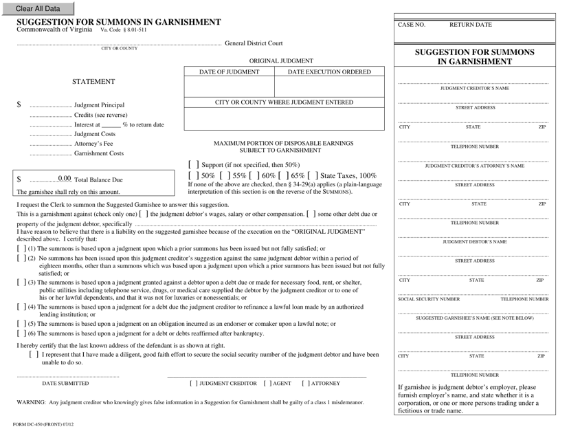 Form DC-450 Suggestion for Summons in Garnishment - Virginia