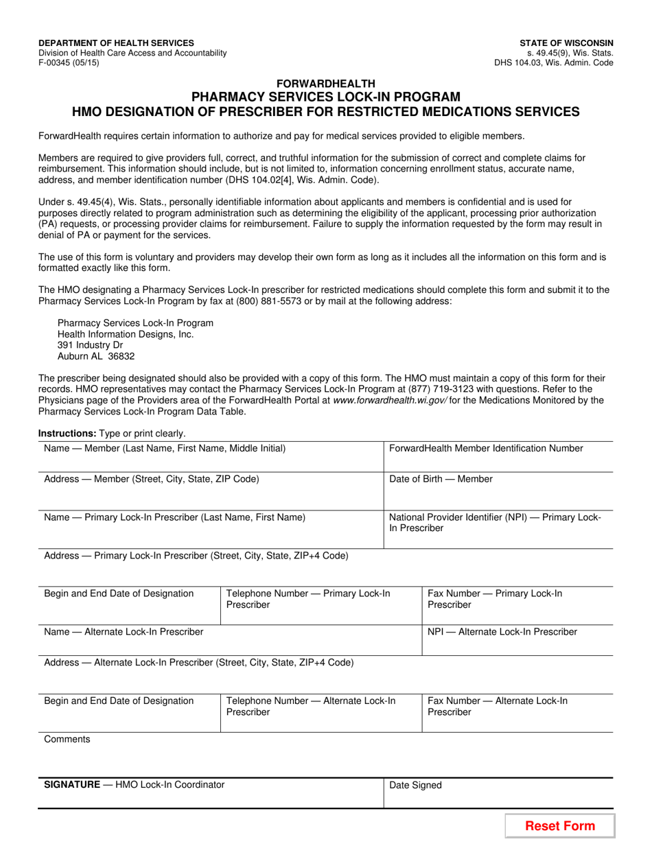 Form F-00345 HMO Designation of Prescriber for Restricted Medication Services - Pharmacy Services Lock-In Program - Wisconsin, Page 1