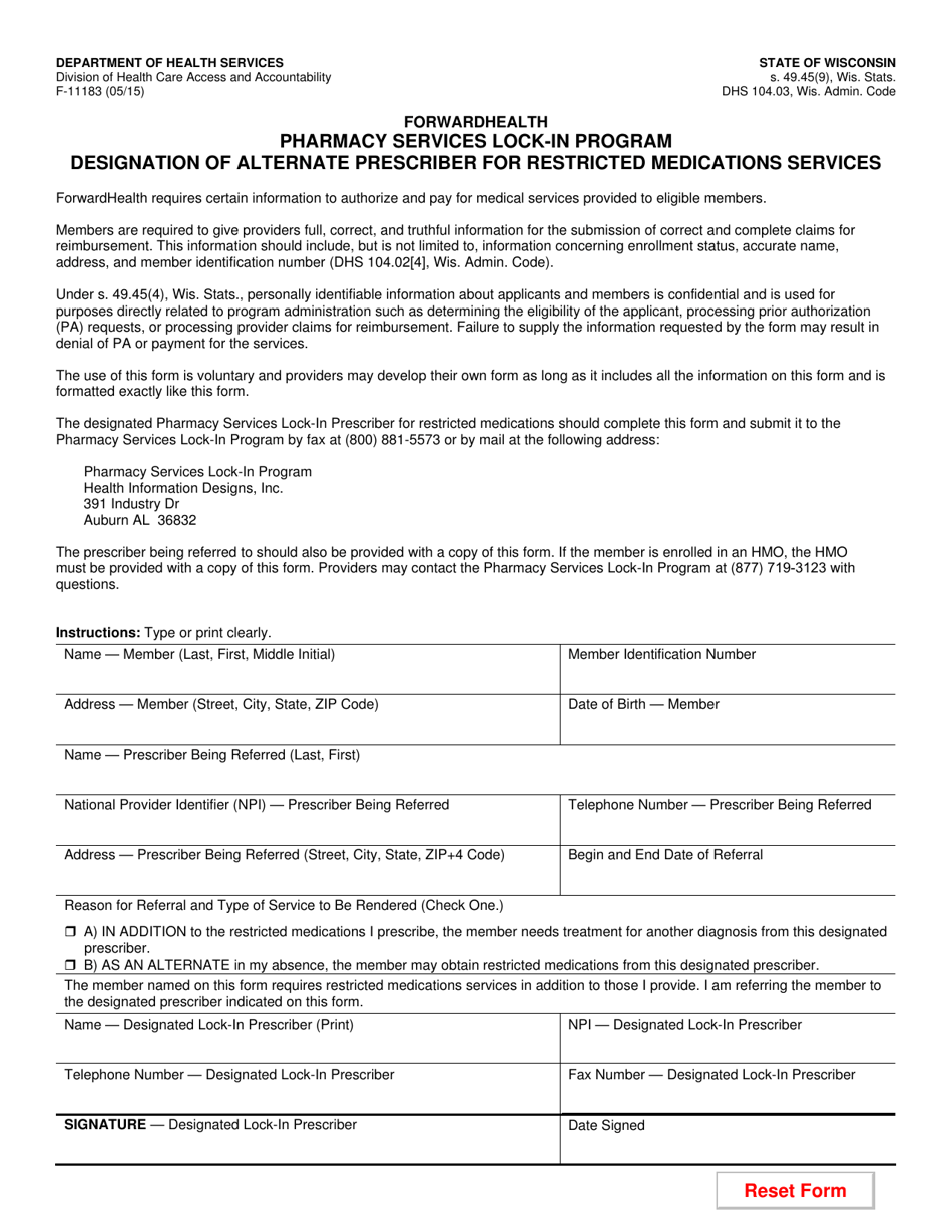 Form F-11183 Designation of Alternate Prescriber for Restricted Medication Services - Pharmacy Services Lock-In Program - Wisconsin, Page 1