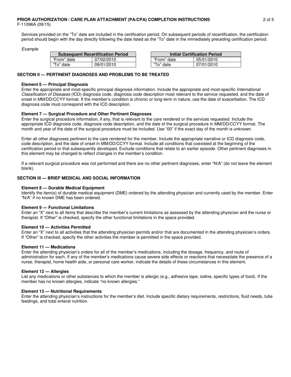 Instructions for Form F-11096 Prior Authorization / Care Plan Attachment (Pa / CPA) - Wisconsin, Page 2