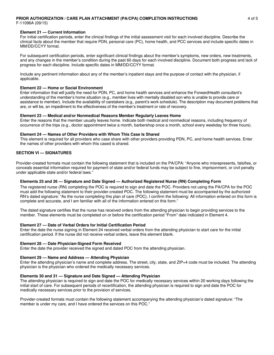 Instructions for Form F-11096 Prior Authorization / Care Plan Attachment (Pa / CPA) - Wisconsin, Page 4