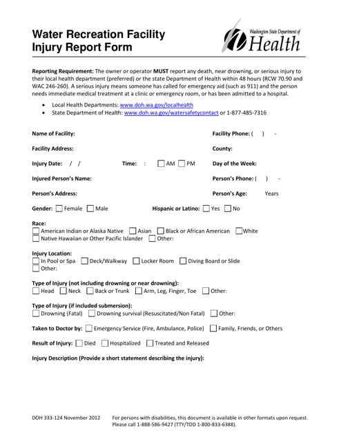 DOH Form 333-124 Water Recreation Facility Injury Report Form - Washington