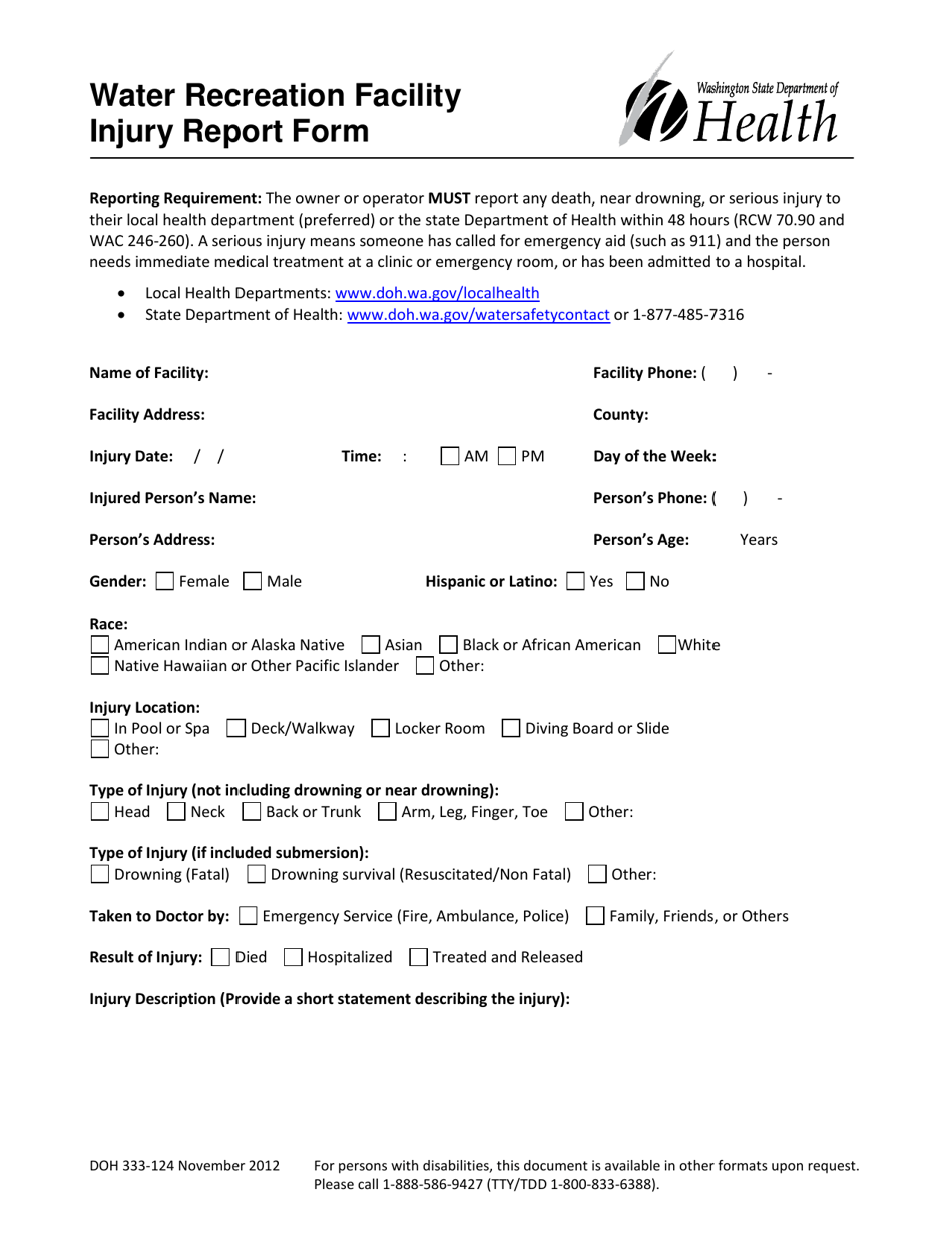 DOH Form 333-124 Water Recreation Facility Injury Report Form - Washington, Page 1