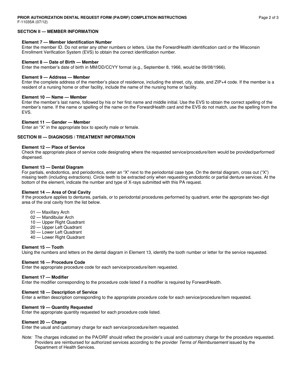 Instructions for Form F-11035 Prior Authorization Dental Request Form (Pa / Drf) - Wisconsin, Page 2