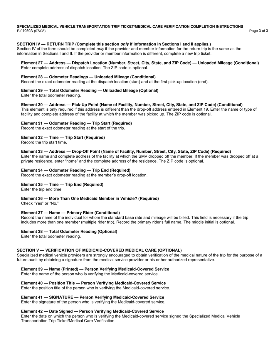 Instructions for Form F-01050 Specialized Medical Vehicle Transportation Trip Ticket / Medical Care Verification - Wisconsin, Page 3