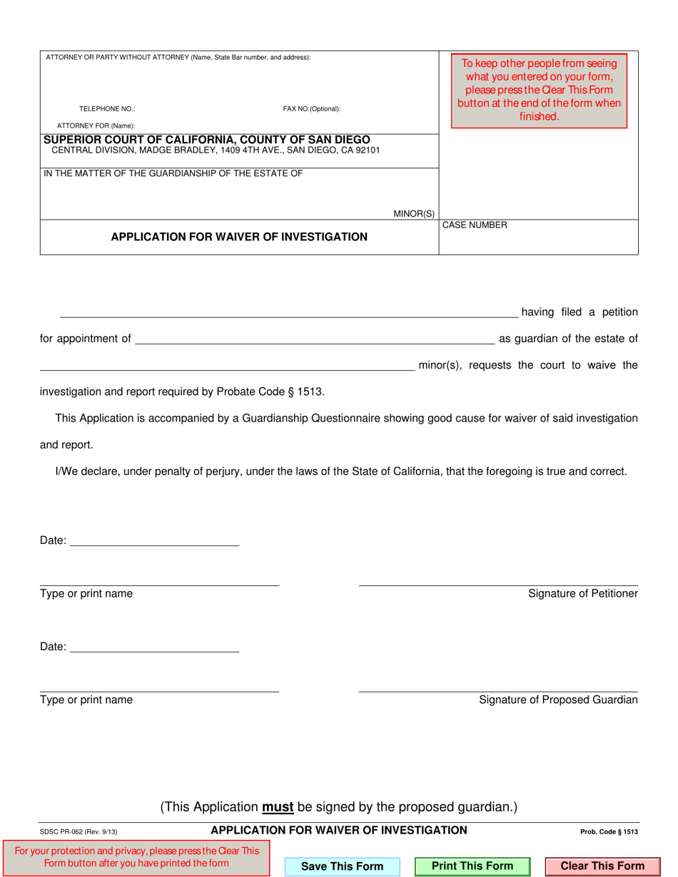 Form PR-062 Application for Waiver of Investigation - County of San Diego, California, Page 1