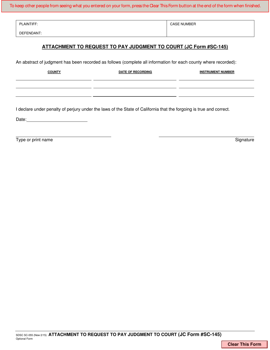 Form SC-055 Attachment to Request to Pay Judgment to Court (Jc Form Sc-145) - County of San Diego, California, Page 1