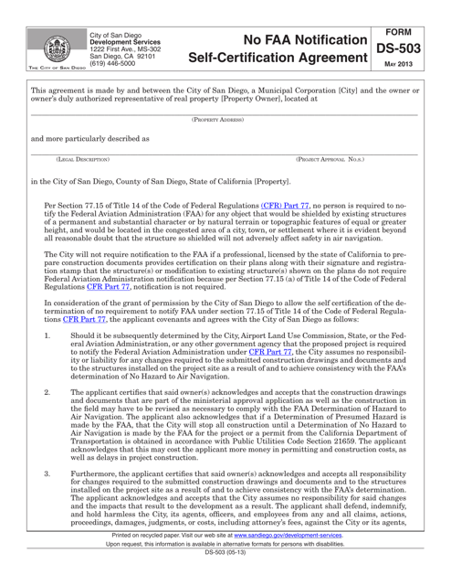 Form DS-503 No FAA Notification Self-certification Agreement - City of San Diego, California