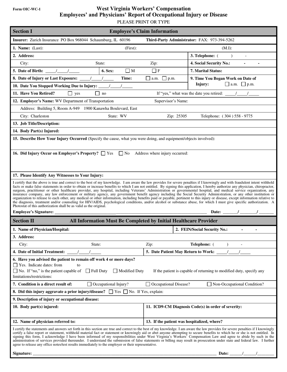Form OIC-WC-1 Employees and Physicians Report of Occupational Injury or Disease - West Virginia, Page 1