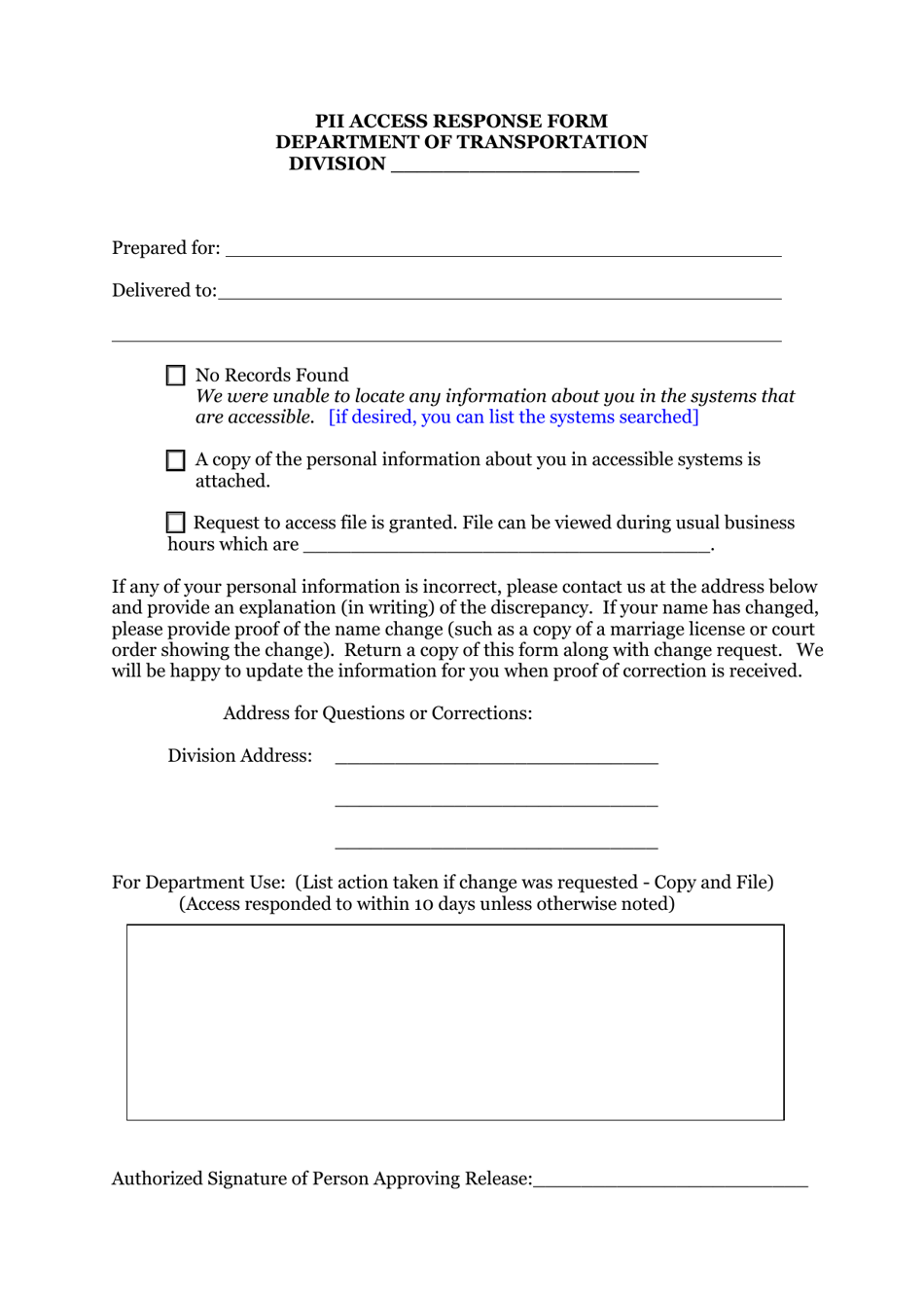 Pii Access Response Form - West Virginia, Page 1