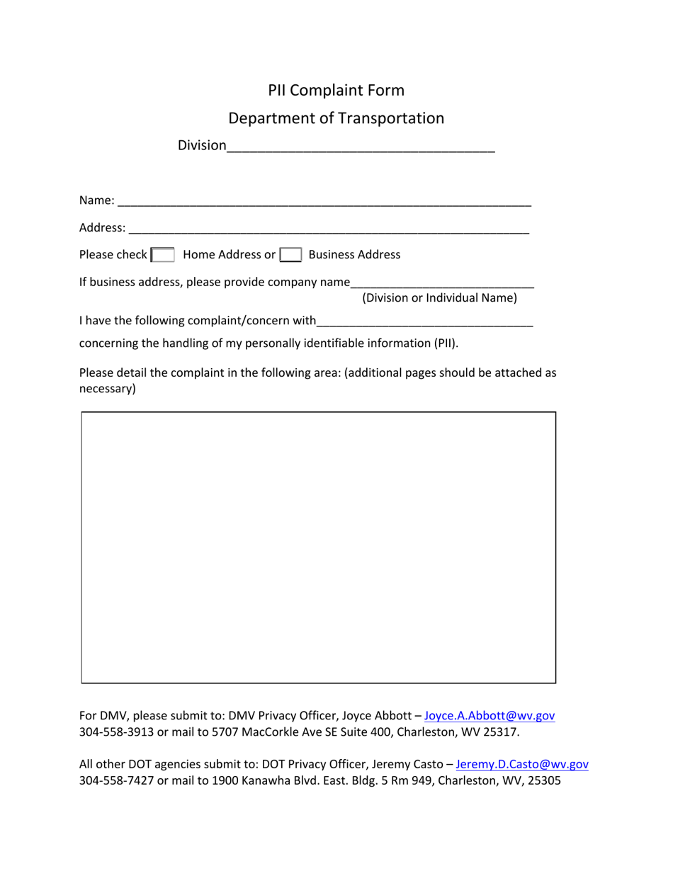 Pii Complaint Form - West Virginia, Page 1