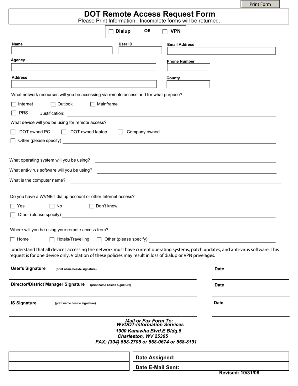 Remote Access Request Form - West Virginia, Page 1