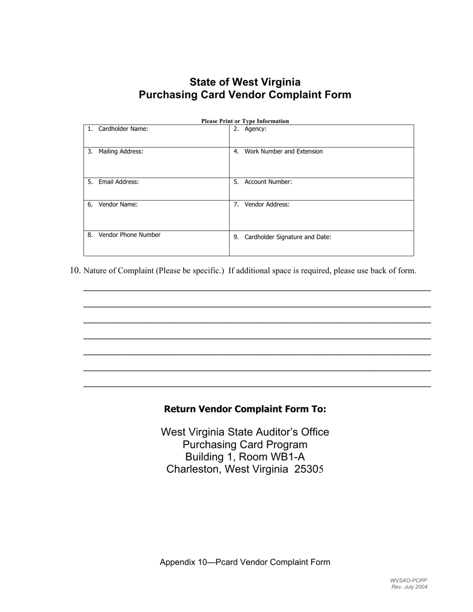 Purchasing Card Vendor Complaint Form - West Virginia, Page 1