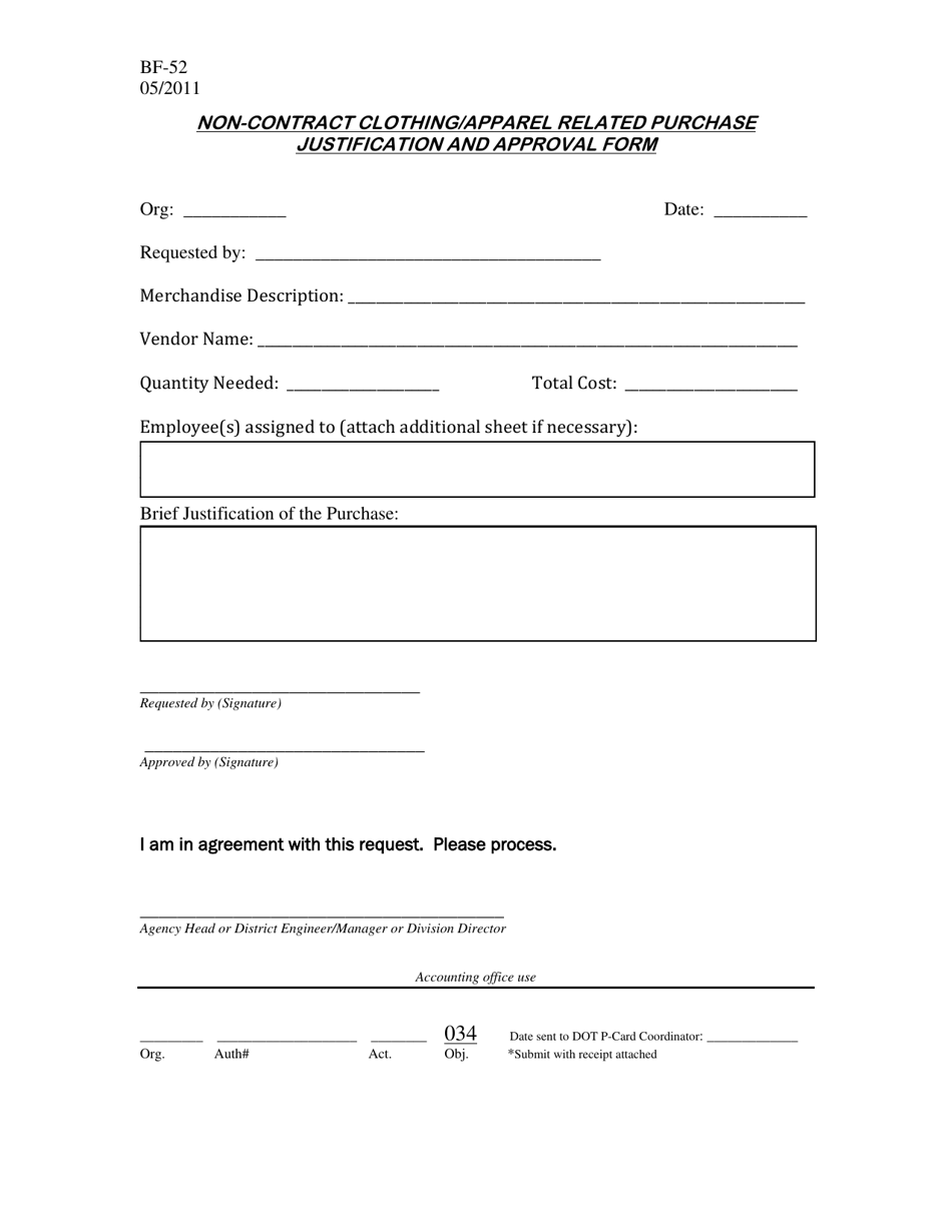 Form BF-52 Non-contract Clothing / Apparel Related Purchase Justification and Approval Form - West Virginia, Page 1