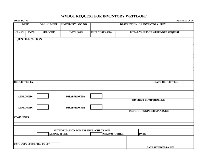 Form DOT-6A Request for Inventory Write-Off - West Virginia