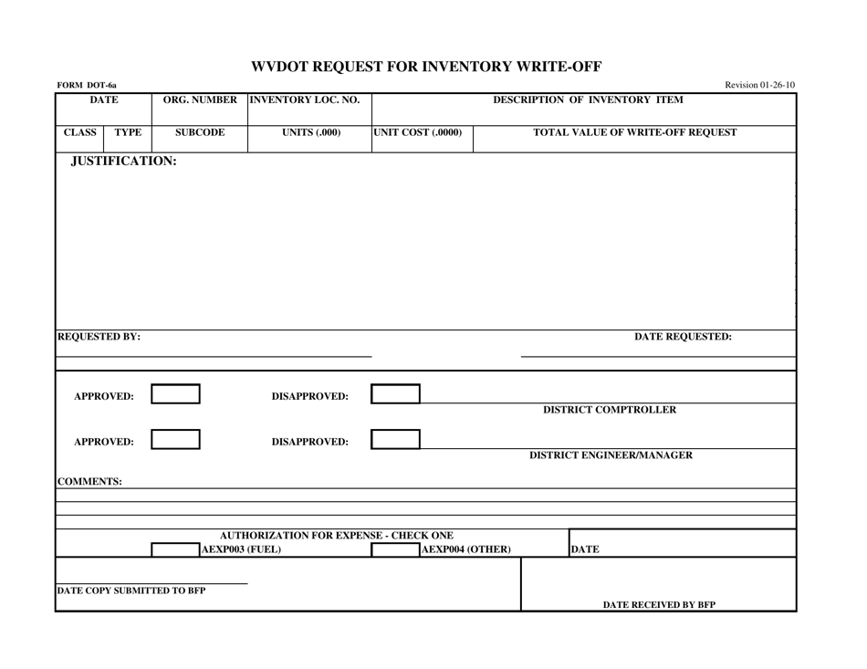 Form DOT-6A Request for Inventory Write-Off - West Virginia, Page 1