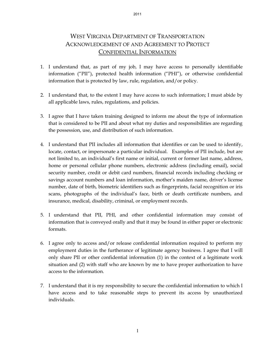Acknowledgement of and Agreement to Protect Confidential Information - West Virginia, Page 1